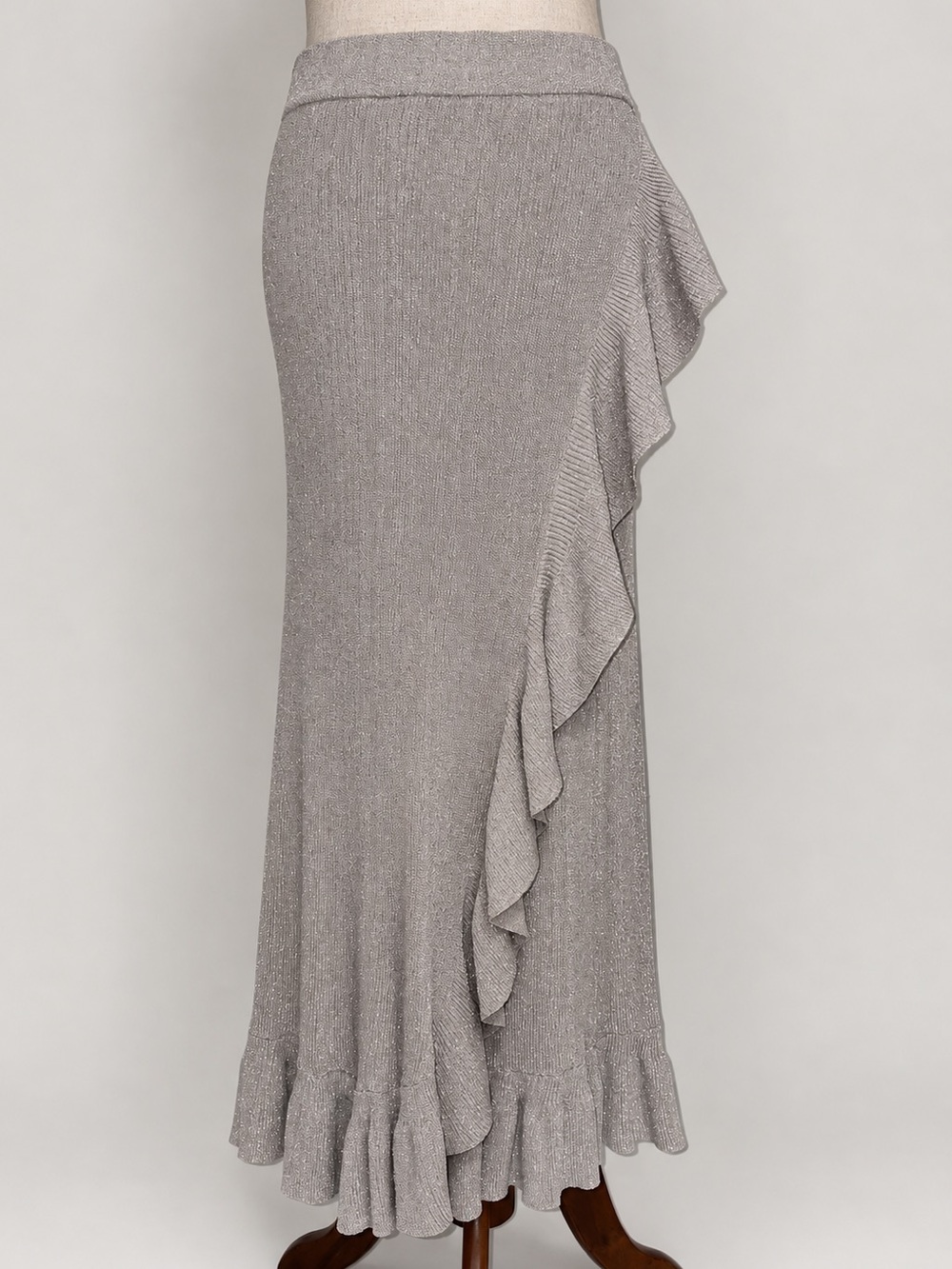 House of Harlow 1960 Metallic Silver Ruffle-Trim Knit Maxi Sweater Skirt Size L